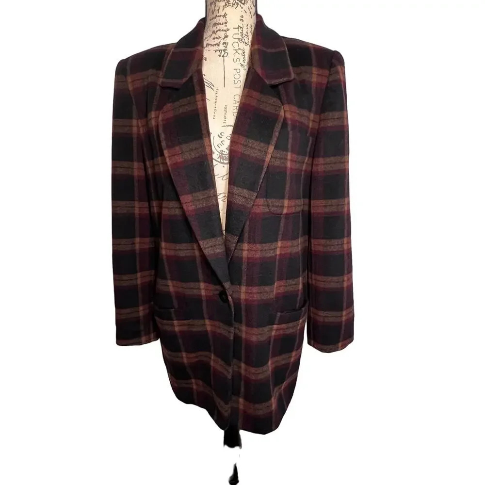 Valerie‎ Stevens 6 women’s brown black plaid wool blend single button blazer